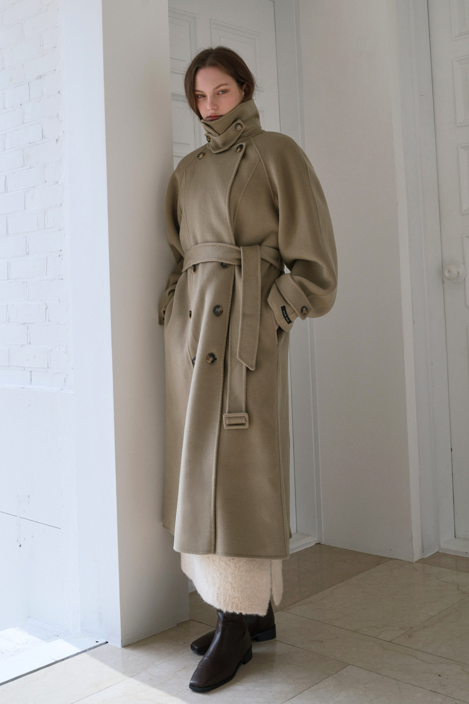 Handmade belted maxi coat - light khaki