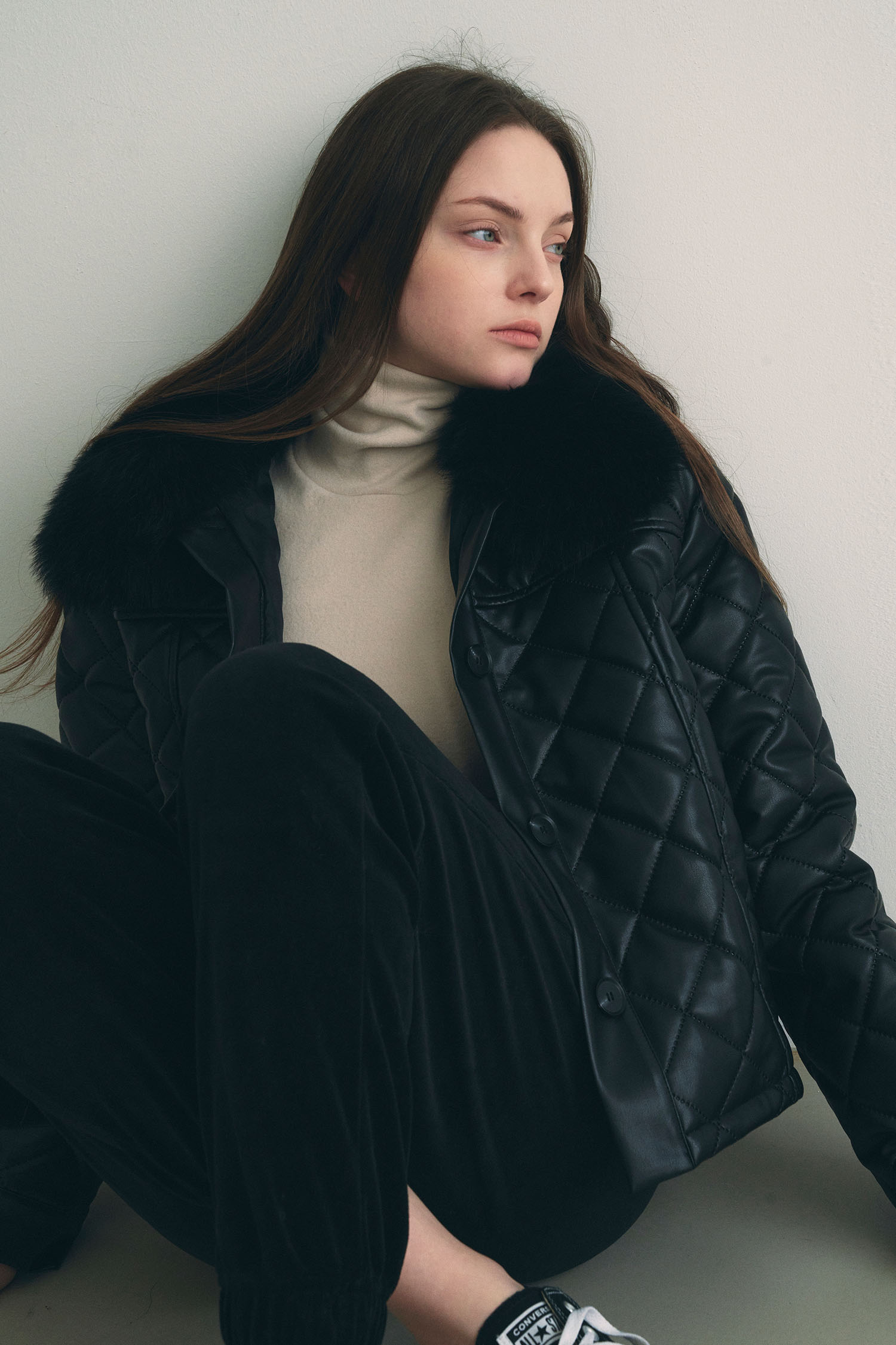 Fur quilting short jacket - black